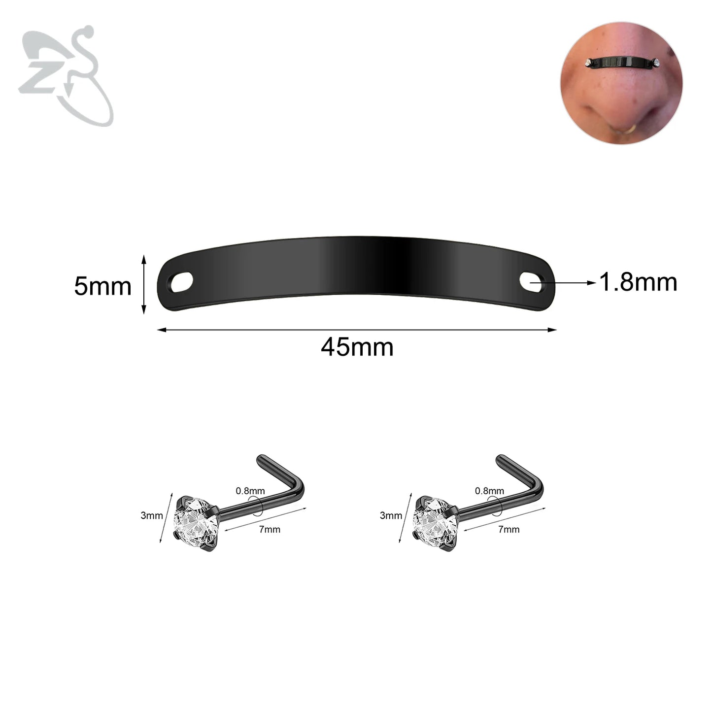 ZS 1 Set 24/30/35/40/45/50MM Stainelss Steel Nose Piercing For Men Women Punk Adjustable Nostril Bridge Piercings Body Jewelry