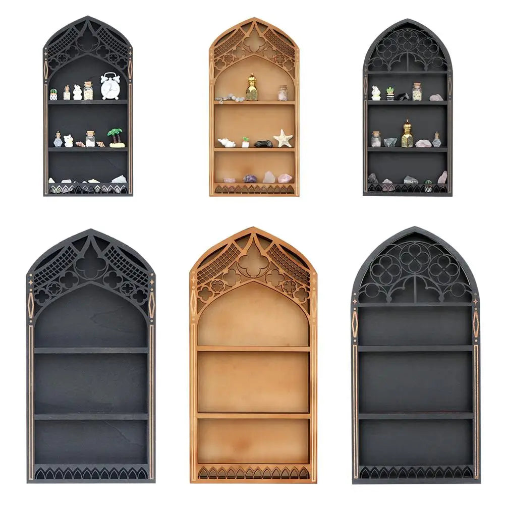 Wall Display Shelf Wood Church Window Design Stones Holder Black Wooden Shelf For Wall For Office Gothic Room Decoration