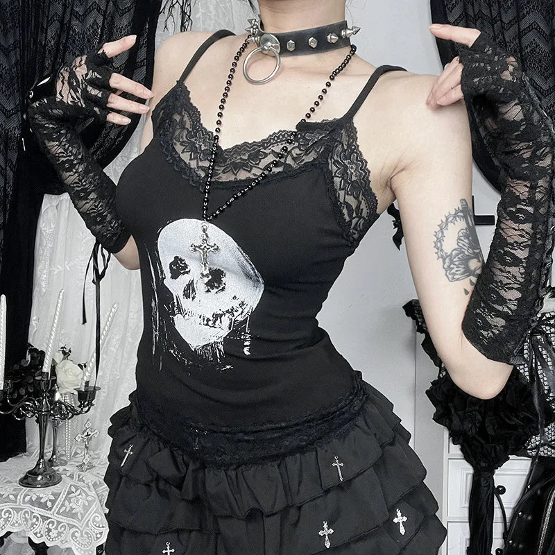 AltGoth Mall Gothic Skull Printed Camisole Women Vintage Streetwear Y2k E-girl Harajuku Cyber Punk Lace Patchwork Crop Tank Tops