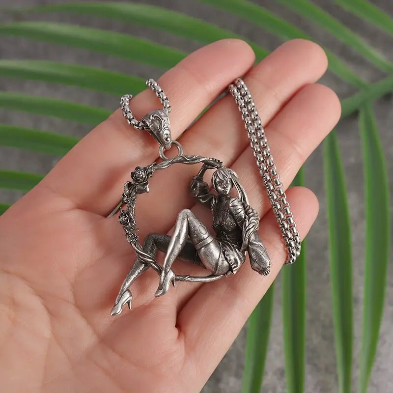 Cartoon Mechanical High Heels Dancing Girl Wreath Pendant Necklace Men and Women Hip Hop Trend Charm Jewelry Gift
