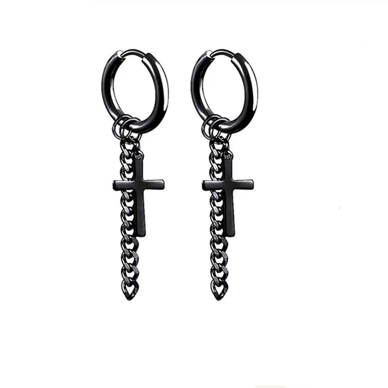 2pc Stainless Steel Cross Hoop Earrings for Men and Women Punk Black Cartilage Earrings Round Street Hip Hop Rock Jewelry Gifts