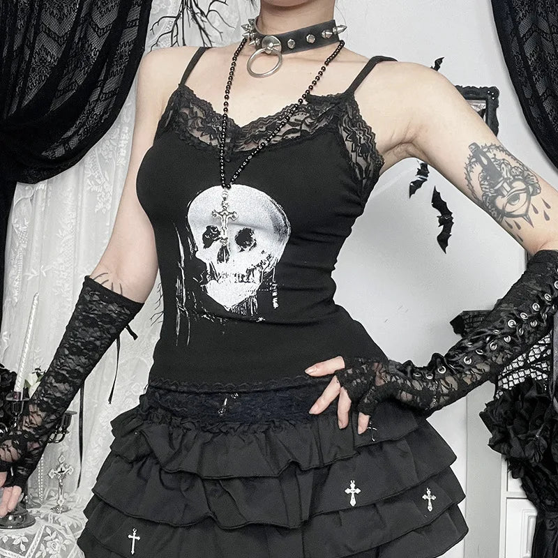 AltGoth Mall Gothic Skull Printed Camisole Women Vintage Streetwear Y2k E-girl Harajuku Cyber Punk Lace Patchwork Crop Tank Tops