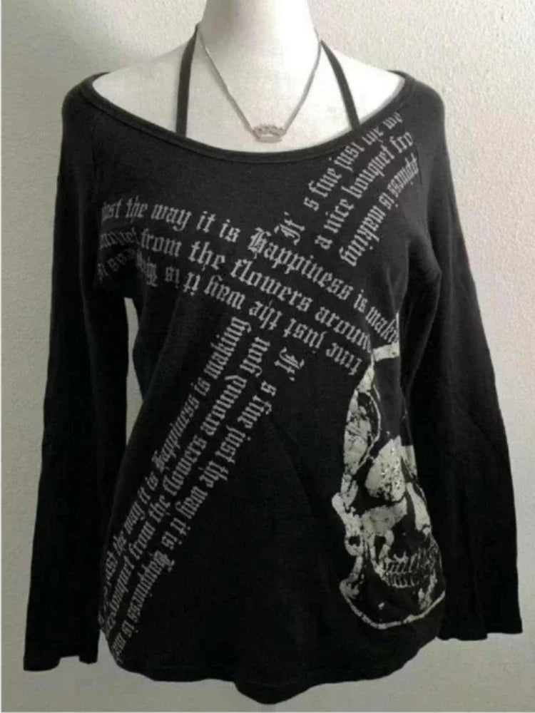 Harajuku T Shirts Women Skull Print Slash Neck Y2k Tops Fashion Gothic 2000s Vintage Tees Streetwear Punk Letter Black Tshirts