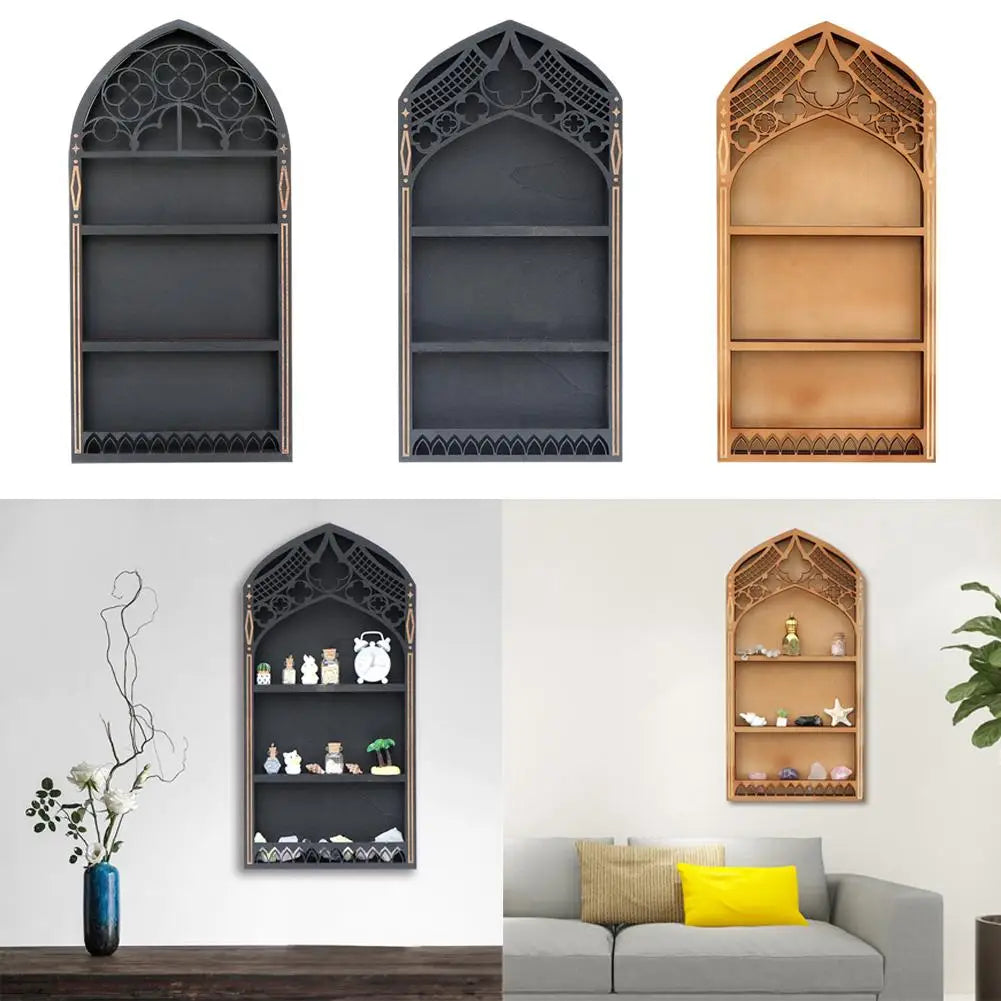 Wall Display Shelf Wood Church Window Design Stones Holder Black Wooden Shelf For Wall For Office Gothic Room Decoration