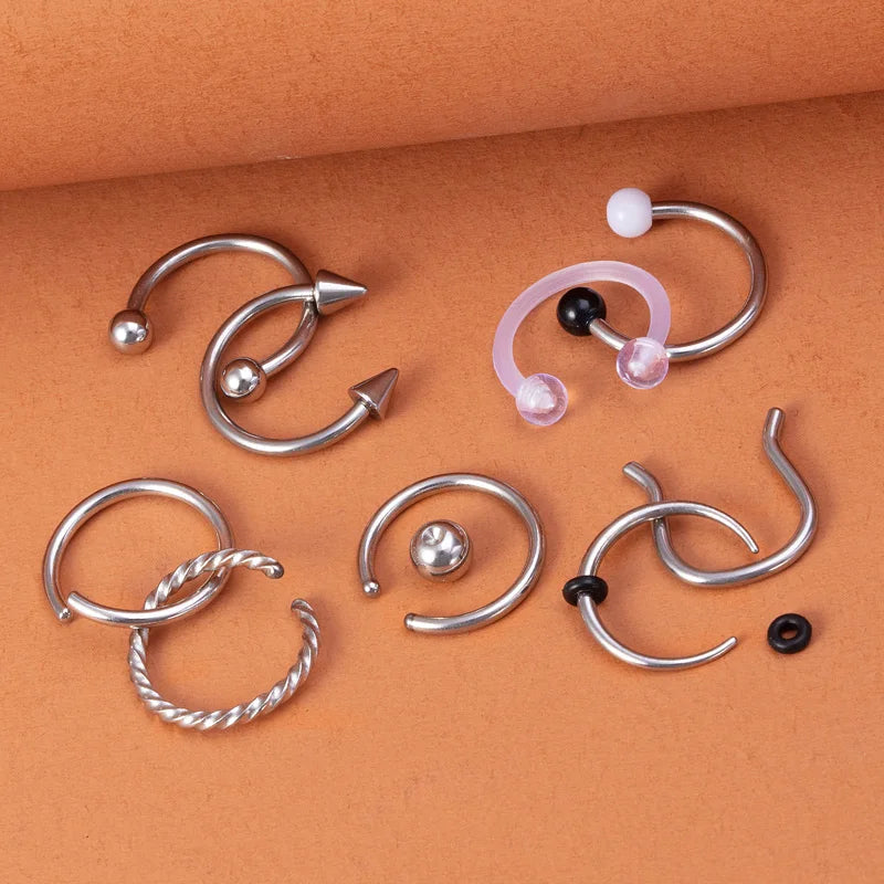 9pcs Hoop Nose Ring Septum Piercing Set Silver Color Surgical Steel Cartilage Earring Tragus Helix Circular BCR Ear Body Jewelry