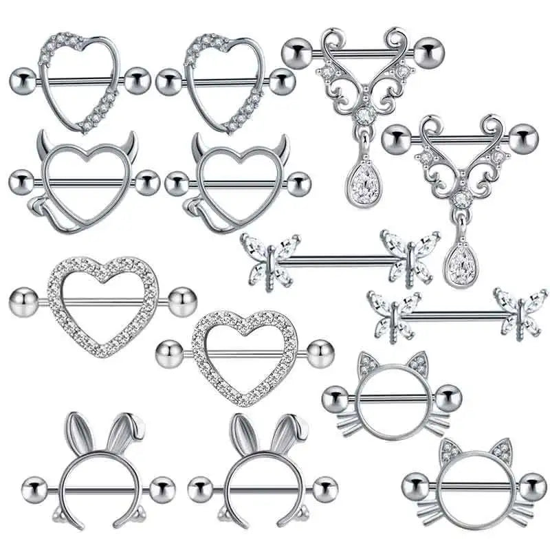 Fashion Stainless Steel Heart Nipple Piercing Set Jewelry Flower Nipple Barbell Pack Crystal Nipple Ring Lot Sexy Body Piercing
