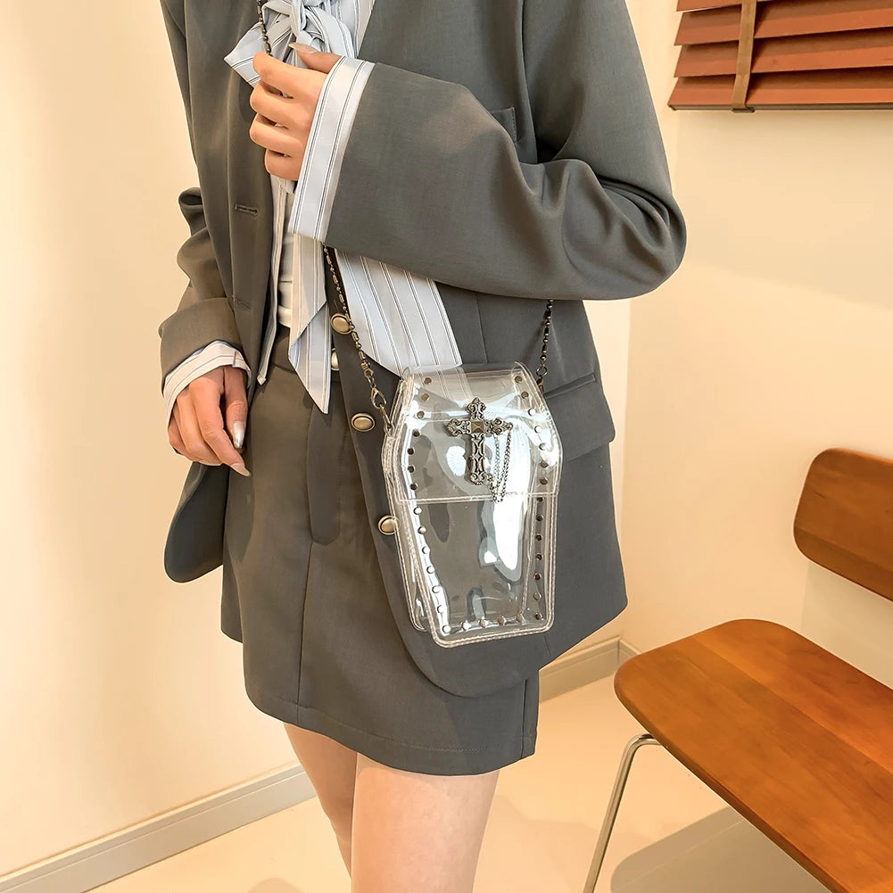 Gothic Crossbody Bag for Women Coffin Shaped Bag PVC Clear Jelly Y2K Punk Chain Shoulder Bag Female Stadium Approved Phone Bag