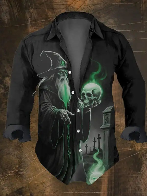 Halloween Men's Retro Dark Skull Prints Long Sleeve Shirt-Faith Chest Print,Regular Fit,Lapel Collar, Polyester Blend Black Tops