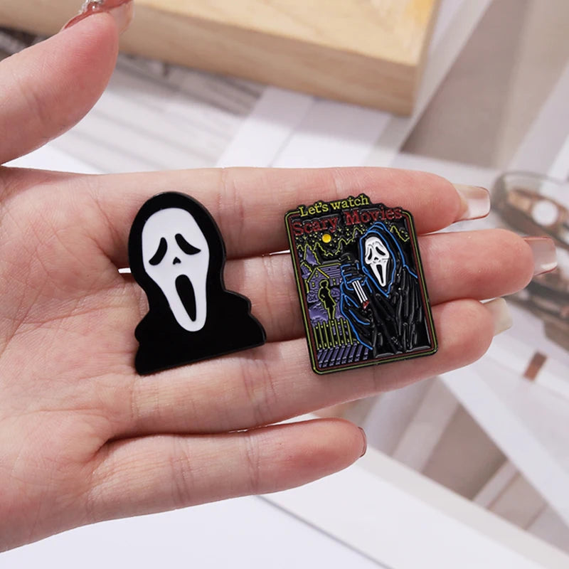 Call Me Enamel Pins What's Your Favorite Scary Movie Custom Brooches Lapel Badges Gothic Punk Skeleton Jewelry Gift for Friends