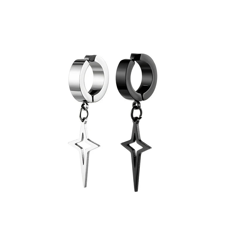 2pcs Unisex Punk Stainless Steel Men Women Non-Piercing Ear Clip Triangle Star Pendant Drop Dangle Earrings Black Silver Color