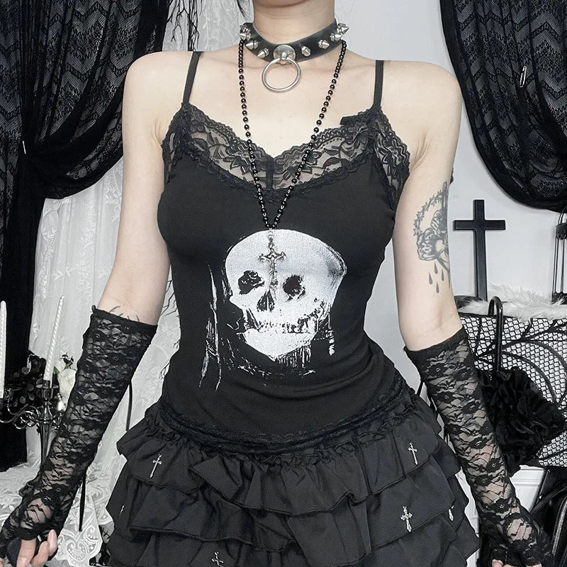 AltGoth Mall Gothic Skull Printed Camisole Women Vintage Streetwear Y2k E-girl Harajuku Cyber Punk Lace Patchwork Crop Tank Tops
