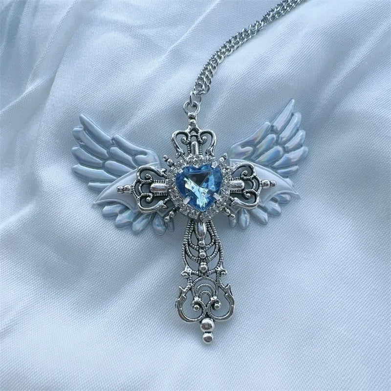 Gothic Sexy Accessory Wings Cross Pendant Necklace Y2K Jewelry Heart Crystal Choker Punk Charm Necklace for Women Korean Fashion
