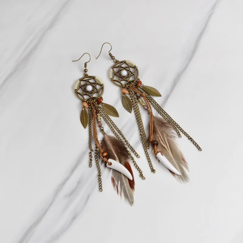 Boho Tribal Ethnic Vintage Dream Catcher Feather Leaf Long Tassel Dangling Earrings Women Vacation Jewelry