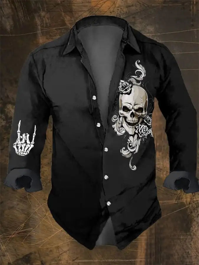 Halloween Men's Retro Dark Skull Prints Long Sleeve Shirt-Faith Chest Print,Regular Fit,Lapel Collar, Polyester Blend Black Tops