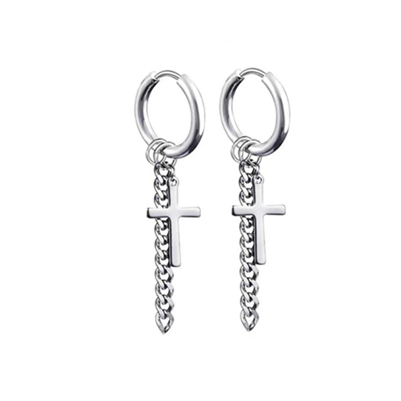 2pc Stainless Steel Cross Hoop Earrings for Men and Women Punk Black Cartilage Earrings Round Street Hip Hop Rock Jewelry Gifts