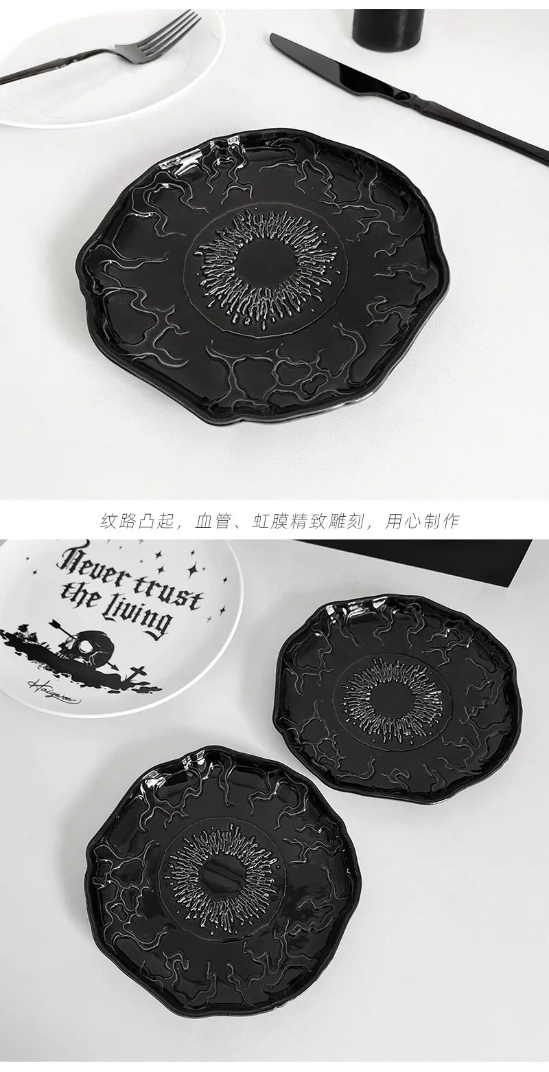Irregular Ceramic Dinner Plate Black Evil Eye Decorative Dish American Style Gothic Restaurant Tableware Snack Saucer Home Decor