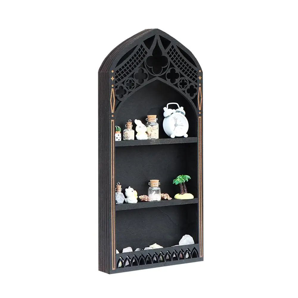 Wall Display Shelf Wood Church Window Design Stones Holder Black Wooden Shelf For Wall For Office Gothic Room Decoration