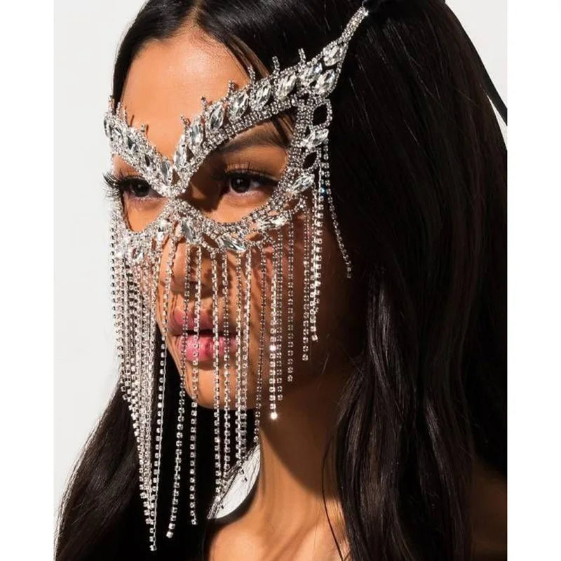 Fashion Charming Rhinestone Tassel Veil Masks for Women Bohe Face Jewelry Chain Masquerade Dance Party Sexy Costume Accessories