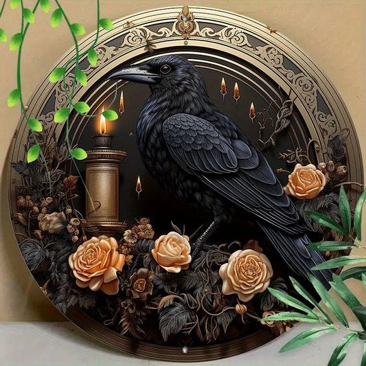 Round Metal Aluminum Mark Gothic Raven, Dark Romance Style, for Home, Living Room, Coffee Shop, Office, Wall Decoration Art