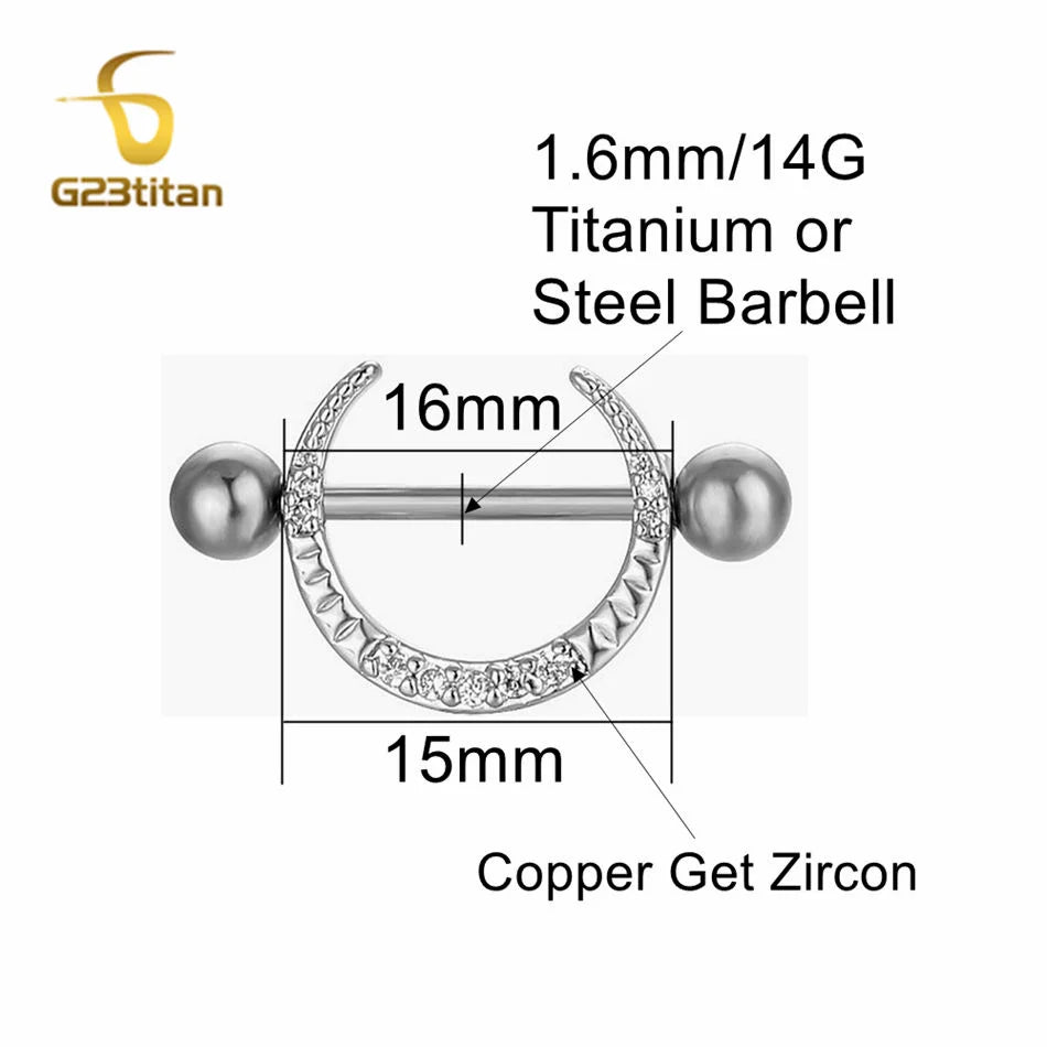 2pcs Micro Inlaid Zircon Moon Shaped Nipple Ring 14G 16mm Length Straight Titanium Steel Barbell Body Piercing Jewelry Adornment