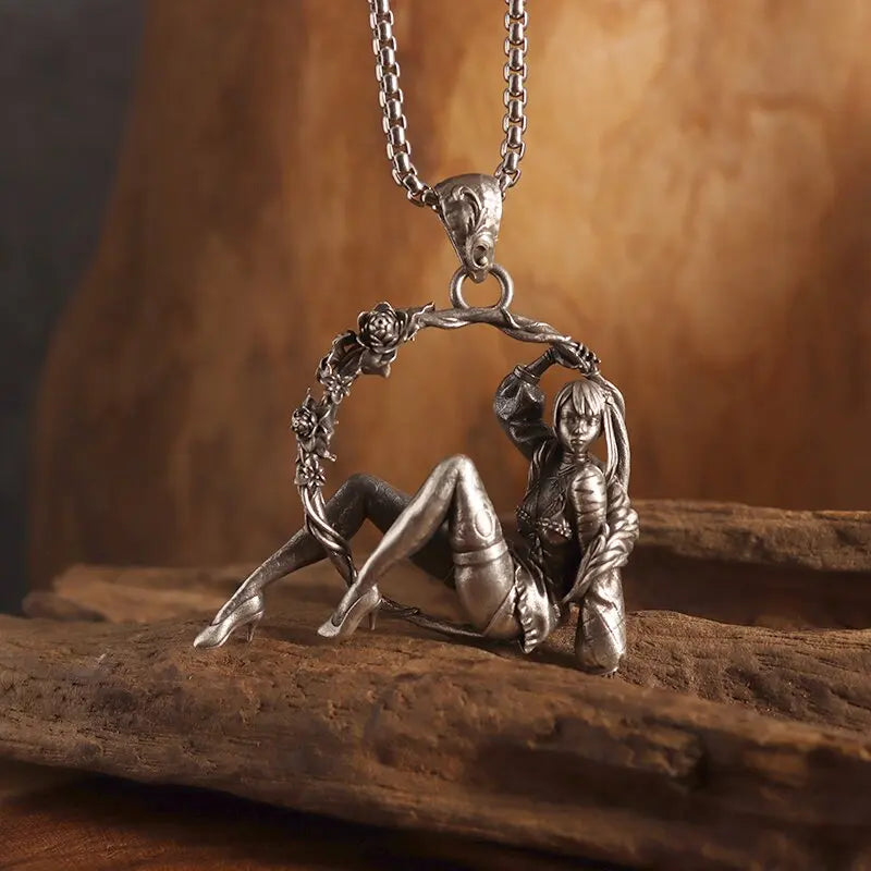 Cartoon Mechanical High Heels Dancing Girl Wreath Pendant Necklace Men and Women Hip Hop Trend Charm Jewelry Gift