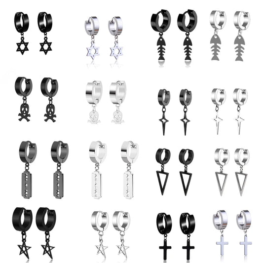 2pc Stainless Steel Cross Hoop Earrings for Men and Women Punk Black Cartilage Earrings Round Street Hip Hop Rock Jewelry Gifts