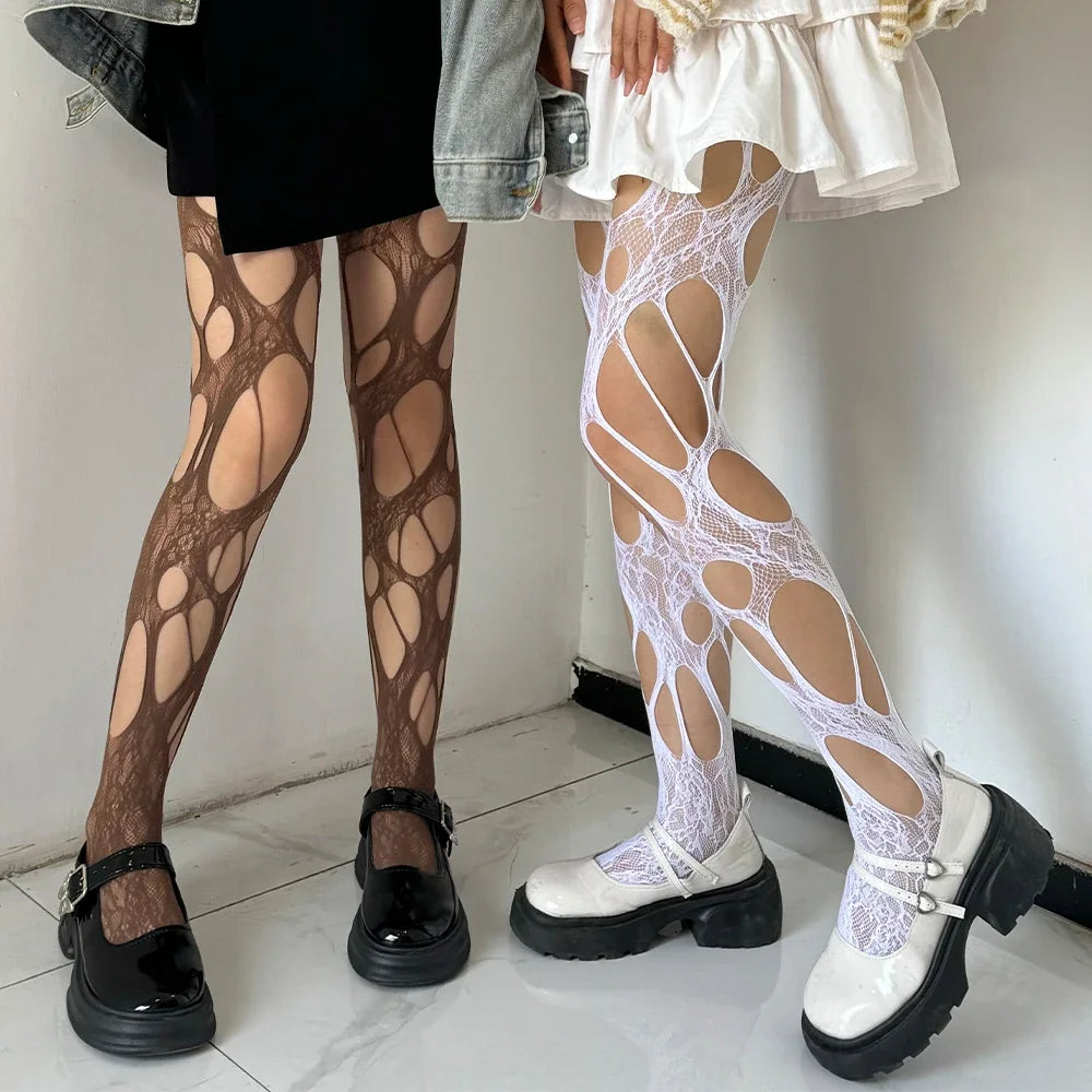Sexy Punk Women Broken Hole Stocking Ropa Interor Para Mujeres Fishing Net Socks Gothic Y2k Lace Torn Party Underwear Pantyhose