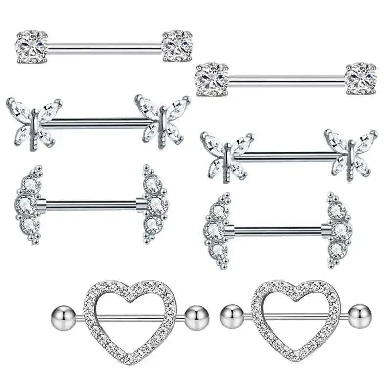 Fashion Stainless Steel Heart Nipple Piercing Set Jewelry Flower Nipple Barbell Pack Crystal Nipple Ring Lot Sexy Body Piercing