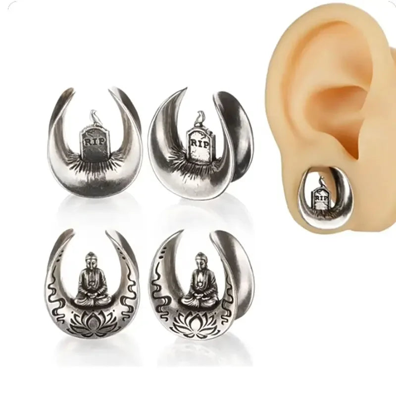 2pcs U-shaped Handmade Tombstone Buddha Pattern Ear Piercing Stainless Steel Earplugs Expander Stretcher Piercing Jewelry 8-16MM