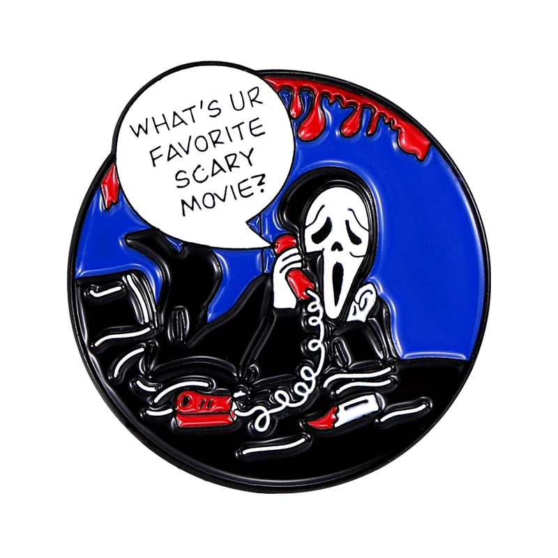 Call Me Enamel Pins What's Your Favorite Scary Movie Custom Brooches Lapel Badges Gothic Punk Skeleton Jewelry Gift for Friends