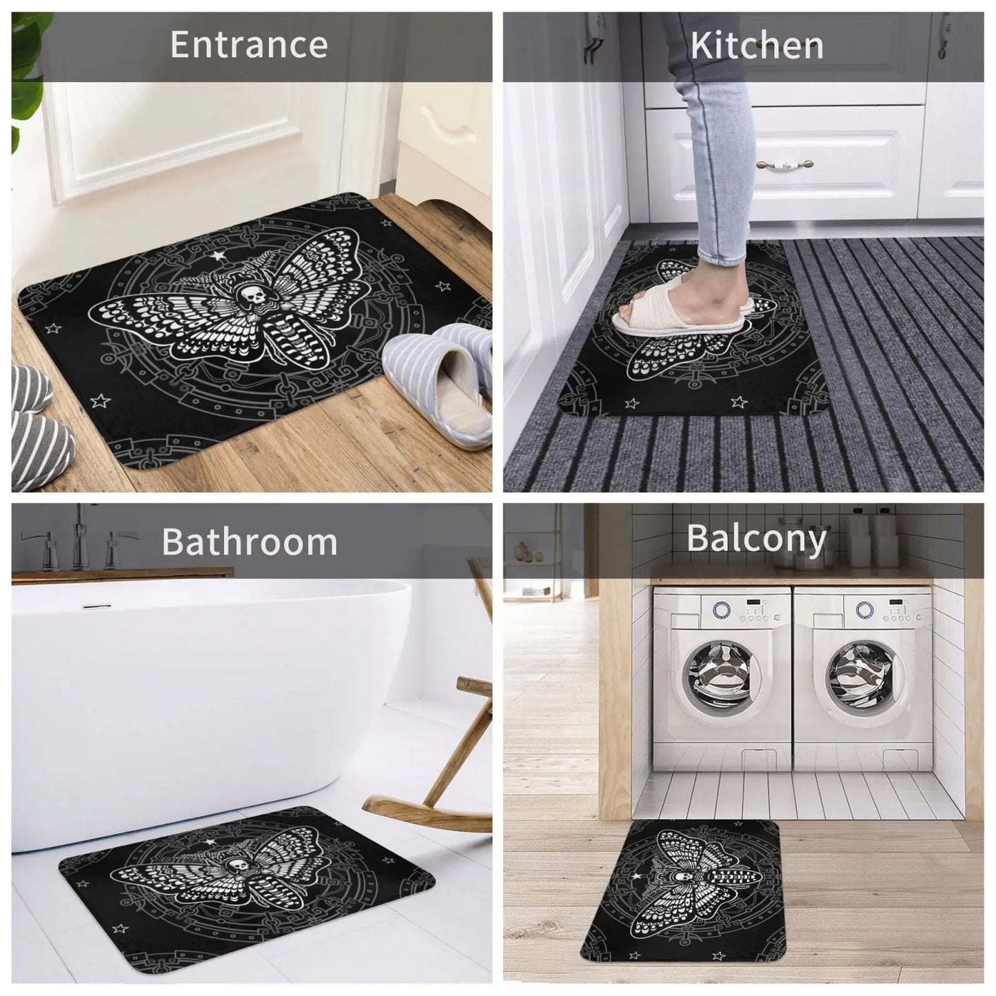 Gothic Witchy Butterfly Moth Floor Mat Mystical Moth Skull Dead Head Welcome Doormat  Anti-Slip Bathroom Mat Entrance Rug Carpet