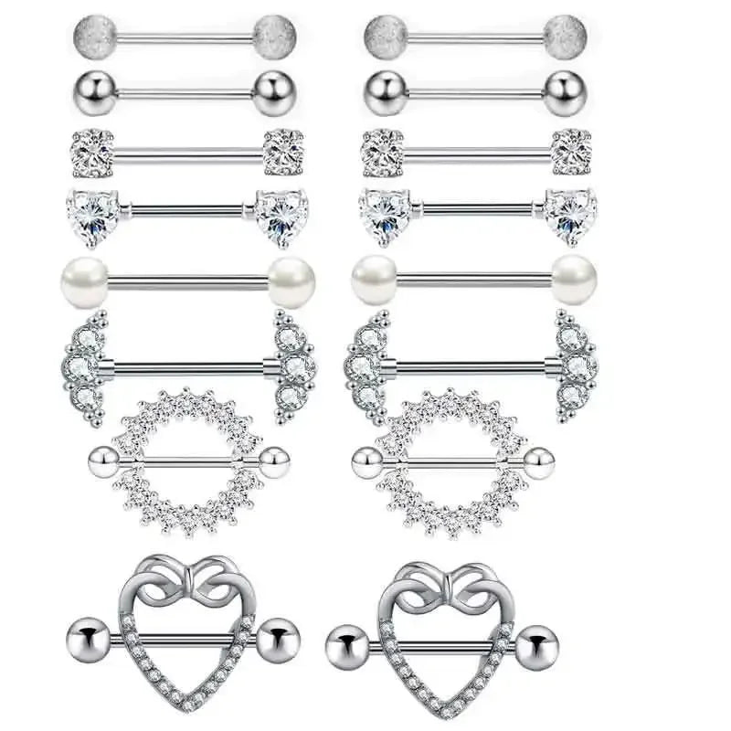 Fashion Stainless Steel Heart Nipple Piercing Set Jewelry Flower Nipple Barbell Pack Crystal Nipple Ring Lot Sexy Body Piercing