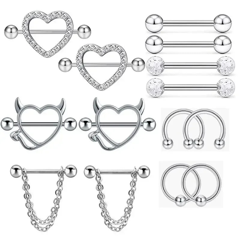 Fashion Stainless Steel Heart Nipple Piercing Set Jewelry Flower Nipple Barbell Pack Crystal Nipple Ring Lot Sexy Body Piercing