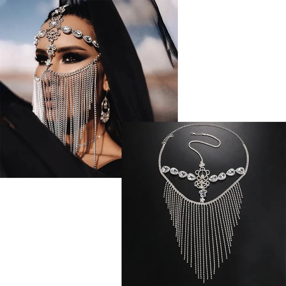 Fashion Charming Rhinestone Tassel Veil Masks for Women Bohe Face Jewelry Chain Masquerade Dance Party Sexy Costume Accessories