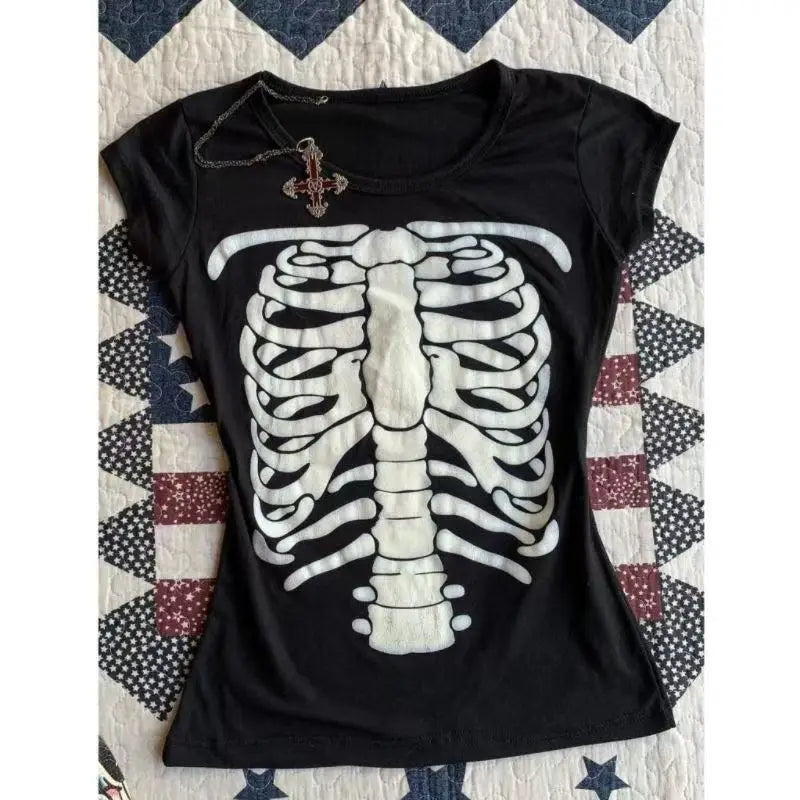 Punk Vintage 2000s Streetwear T shirts Women Clothes Gothic Slim Skulls Print Femme Tshirt Short sleeve Kpop Aesthetic Crop Tops
