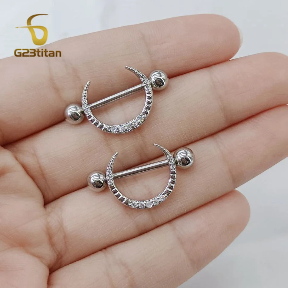 2pcs Micro Inlaid Zircon Moon Shaped Nipple Ring 14G 16mm Length Straight Titanium Steel Barbell Body Piercing Jewelry Adornment