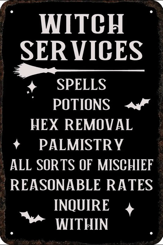 Vintage Metal Tin Signs Witch Services Funny Art Wall Decorations for Home Man Cave Bedroom Bar Bathroom 8x12 Inch