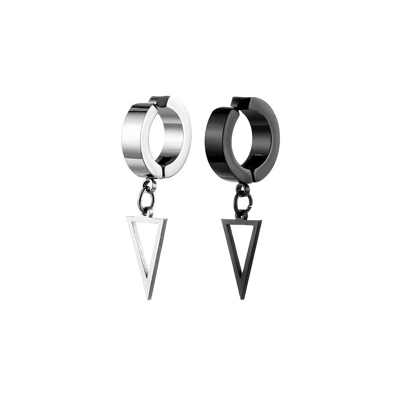 2pcs Unisex Punk Stainless Steel Men Women Non-Piercing Ear Clip Triangle Star Pendant Drop Dangle Earrings Black Silver Color