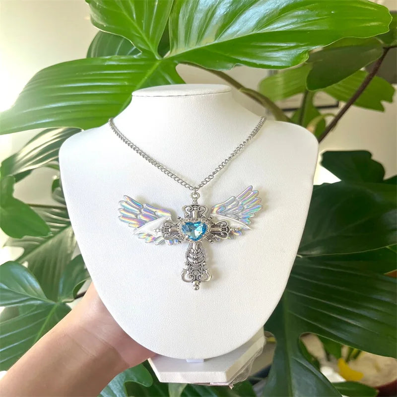 Gothic Sexy Accessory Wings Cross Pendant Necklace Y2K Jewelry Heart Crystal Choker Punk Charm Necklace for Women Korean Fashion
