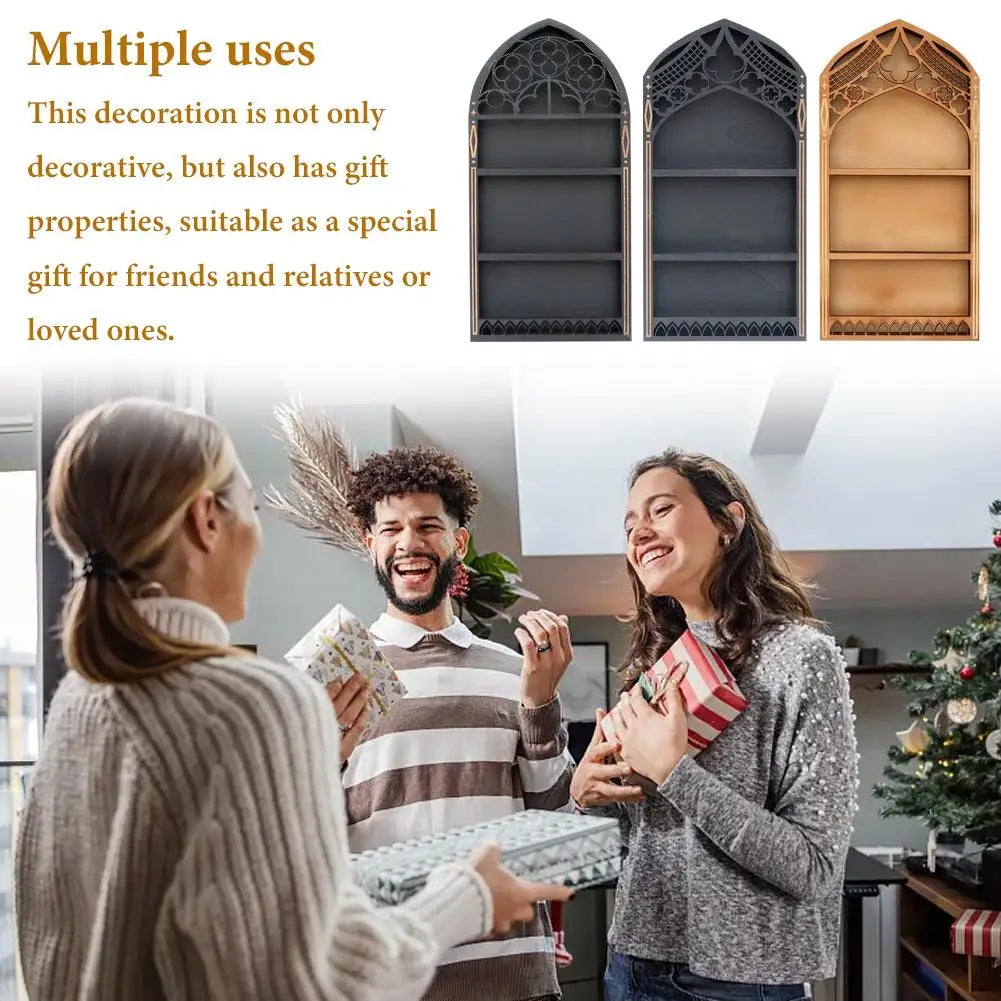 Wall Display Shelf Wood Church Window Design Stones Holder Black Wooden Shelf For Wall For Office Gothic Room Decoration