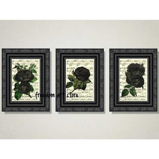 Vintage Black Roses Antique Music Pages Macabre Victorian Gothic    Art Poster Canvas Painting Wall Prints Picture Home Decor