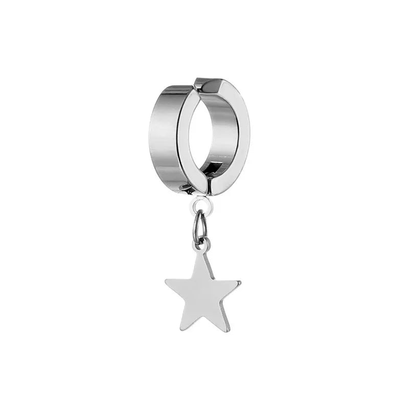 1Pcs Unisex Stainless Steel Punk Man Black Clip on Earrings Geometry Triangle Star Pendant Dangle Earrings Women Gothic Jewelry