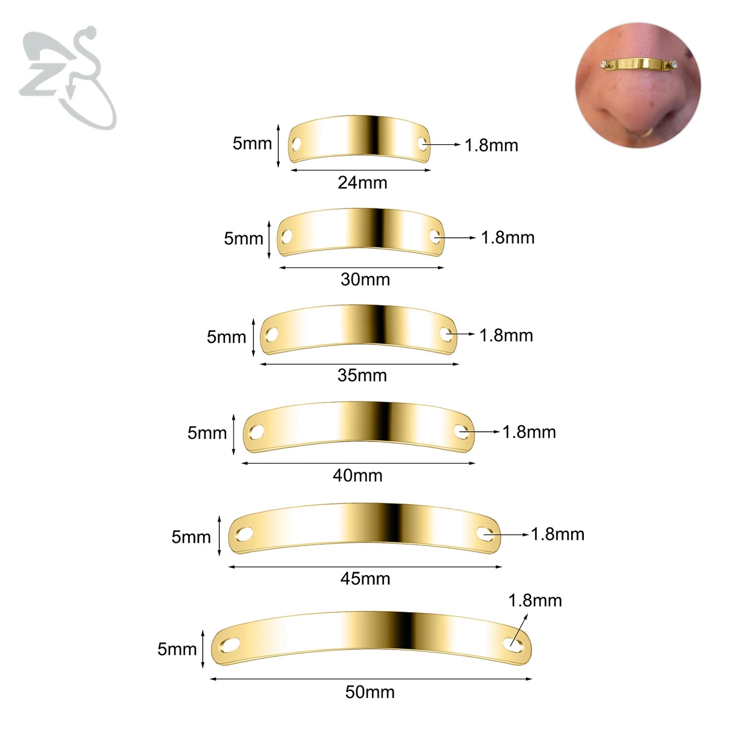 ZS 1 Set 24/30/35/40/45/50MM Stainelss Steel Nose Piercing For Men Women Punk Adjustable Nostril Bridge Piercings Body Jewelry