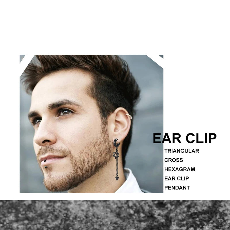 Trend Stianless Steel Tassel Ear Clip 1 Piece Chain Huggie Earrings Triangle Cross Pattern Earrings Men‘s Woman Punk Ear jewelry
