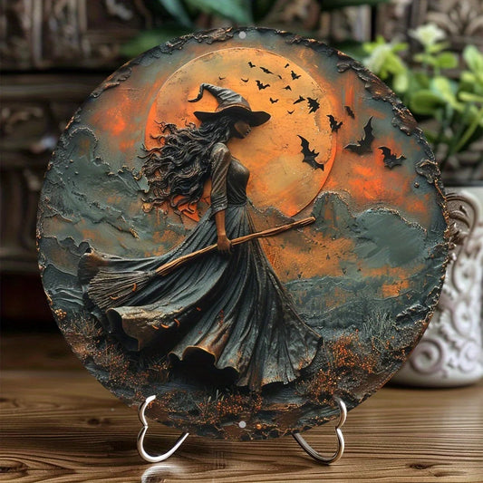 Circular aluminum flat  with unique Gothic witch themed decoration suitable for home wall art decoration perfect holiday gift