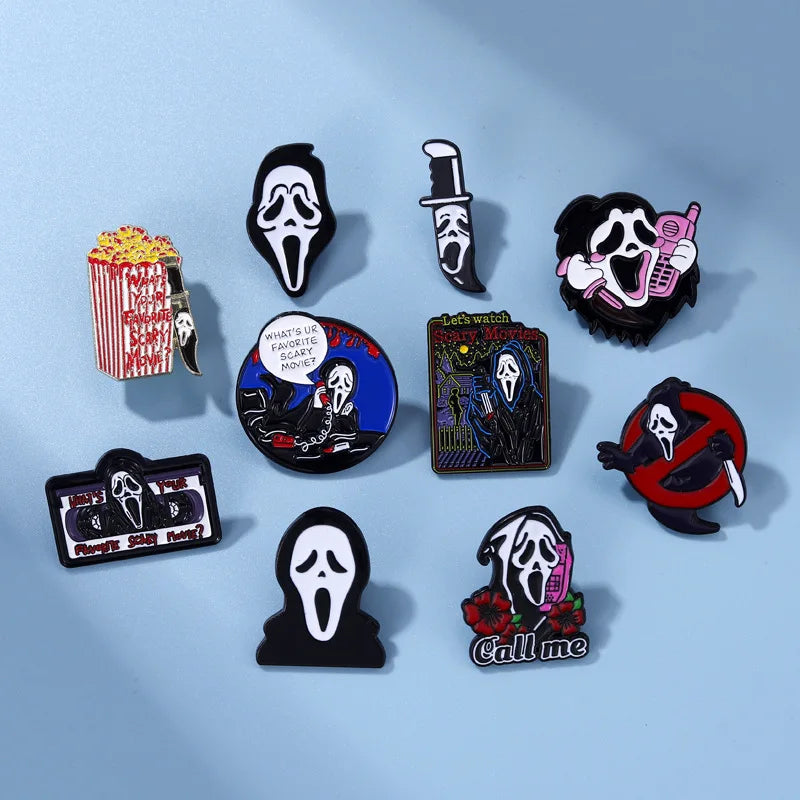 Call Me Enamel Pins What's Your Favorite Scary Movie Custom Brooches Lapel Badges Gothic Punk Skeleton Jewelry Gift for Friends