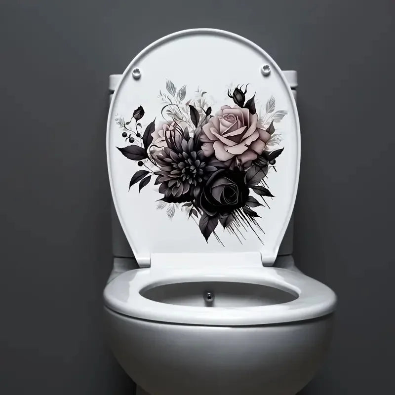 Black Gothic Rose Toilet Stickers, Bright Bathroom for Home Decoration, Vinyl Flower Decals, Art Wall Paper, Poster