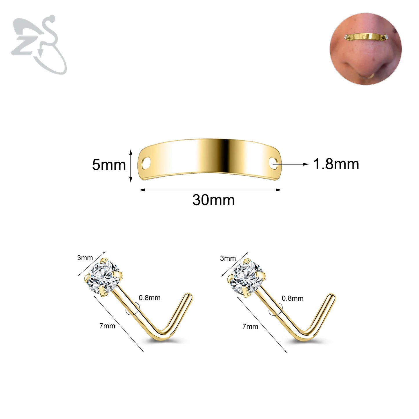 ZS 1 Set 24/30/35/40/45/50MM Stainelss Steel Nose Piercing For Men Women Punk Adjustable Nostril Bridge Piercings Body Jewelry