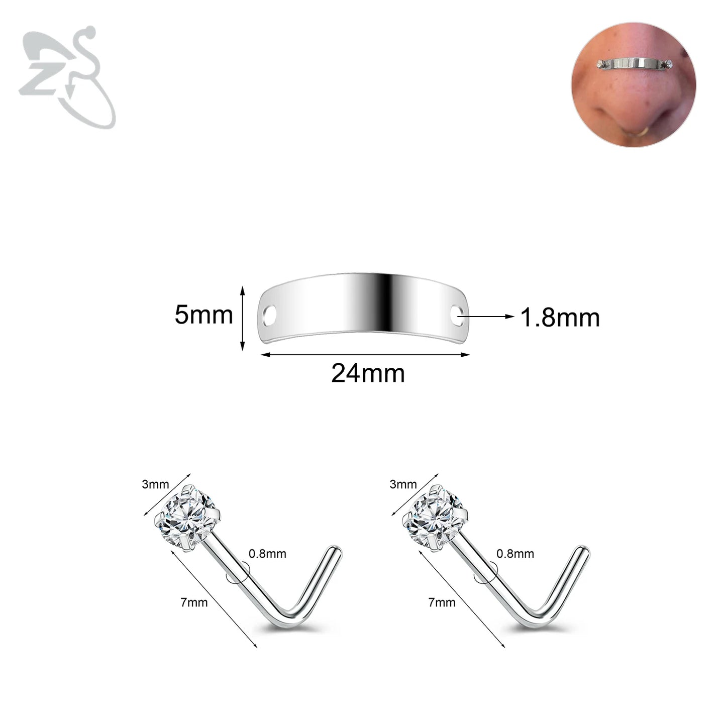 ZS 1 Set 24/30/35/40/45/50MM Stainelss Steel Nose Piercing For Men Women Punk Adjustable Nostril Bridge Piercings Body Jewelry