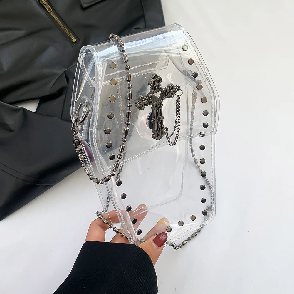 Gothic Crossbody Bag for Women Coffin Shaped Bag PVC Clear Jelly Y2K Punk Chain Shoulder Bag Female Stadium Approved Phone Bag